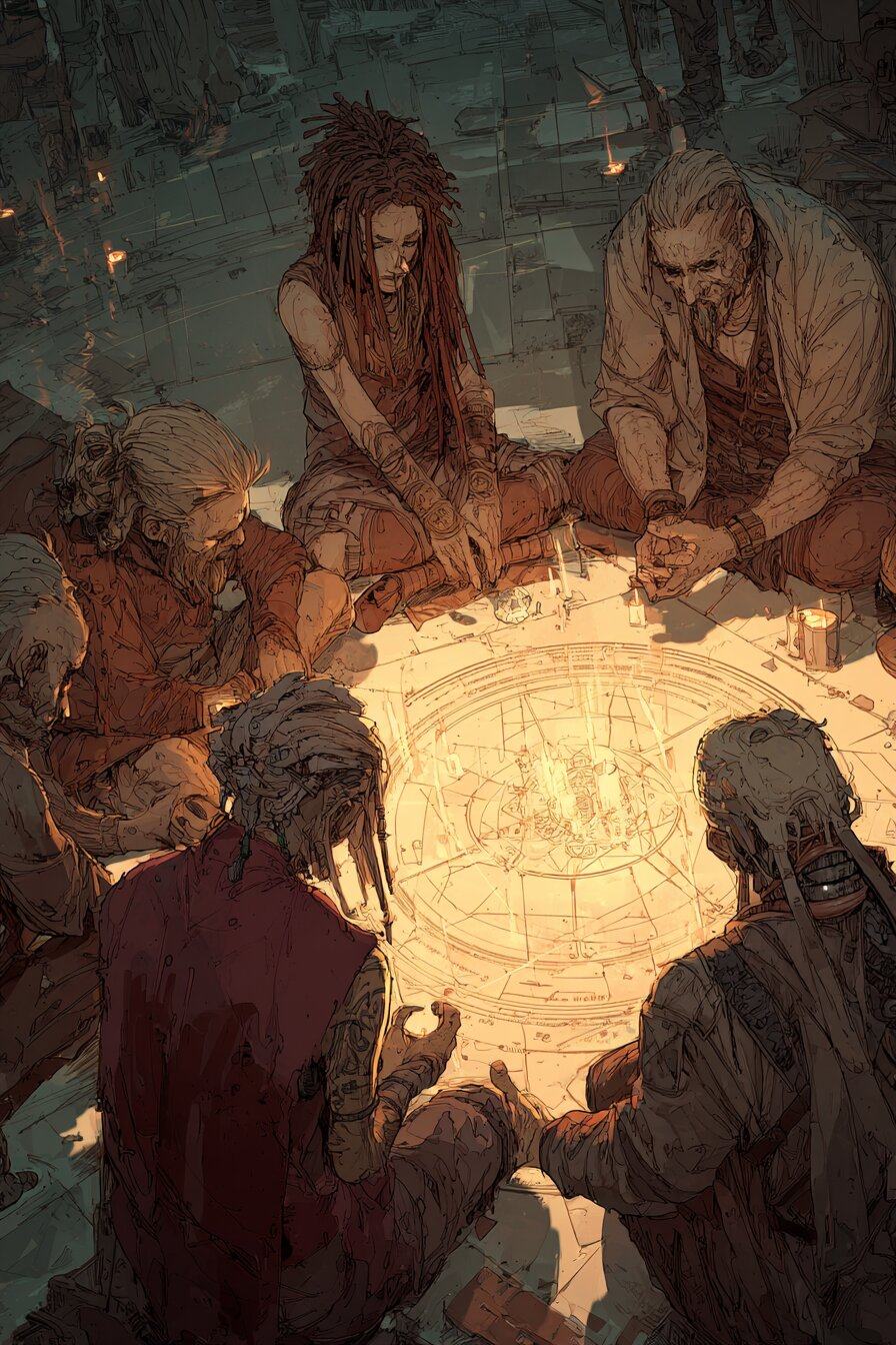 Six people lean in around a glowing round tabletop in the dark, their faces lit from below.