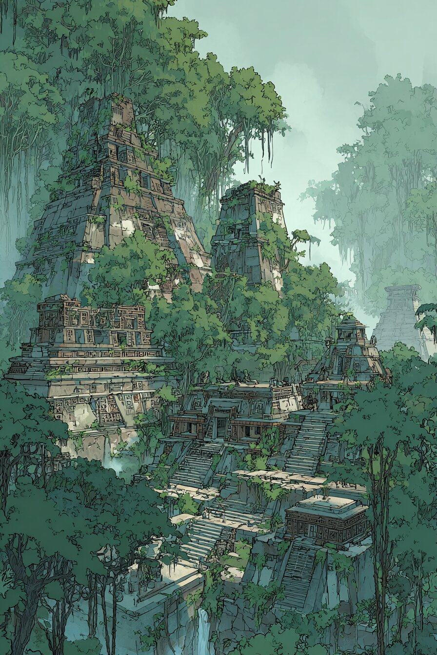 Stone pyramids and stairways climb out of thick green jungle, vines hanging from the trees around them.