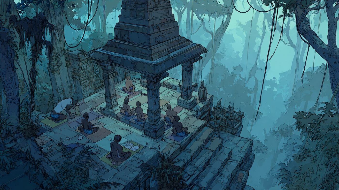 People sit on mats around a small stone pavilion on a platform in the blue jungle dawn.