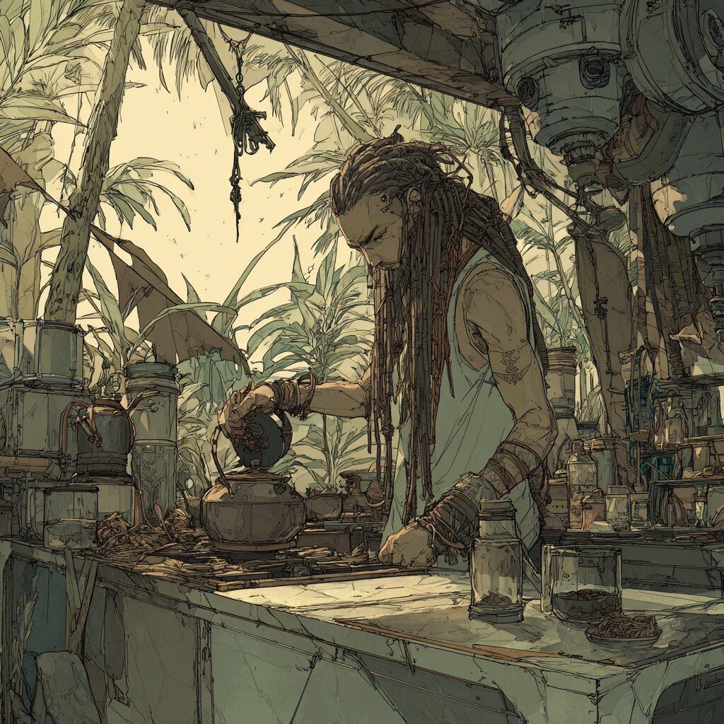 A thin man with dreadlocks down to his waist pours water from a kettle in an open jungle kitchen hung with pots and plants.