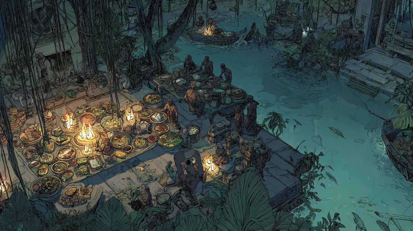 Seen from above at night, bowls and platters of food are laid out among candles on a wooden deck beside dark green water, with people gathered at a table behind.
