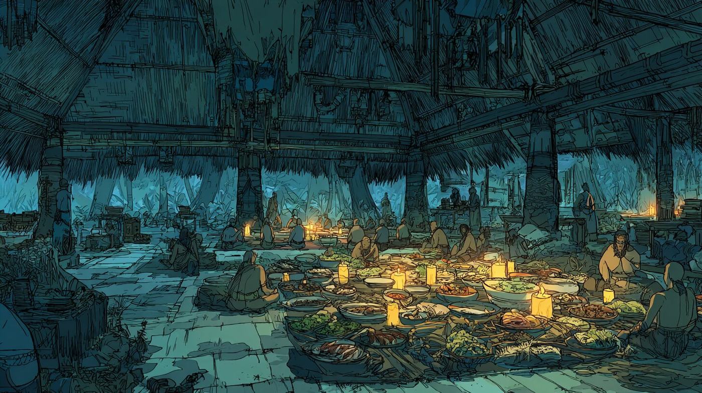 Low tables crowded with dishes and candles glow under a wide thatched roof at night, people seated around them.