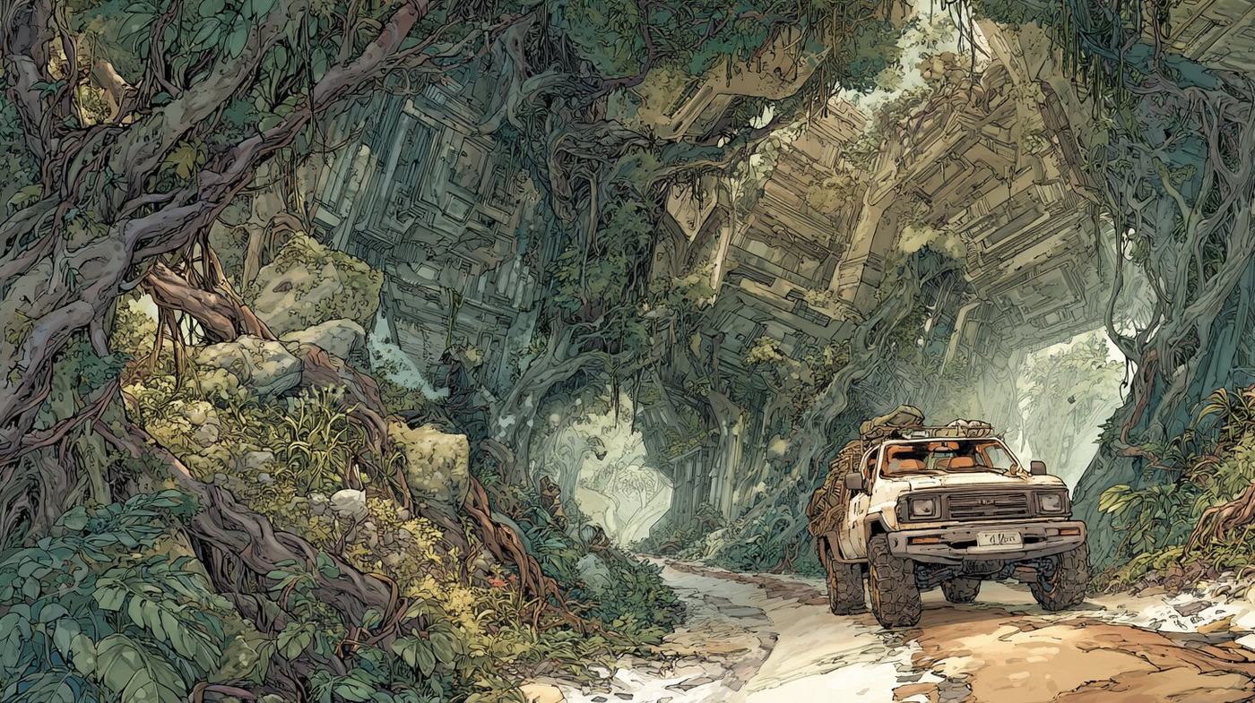 A pickup truck drives out of a tunnel of giant roots and vines on a muddy jungle road.