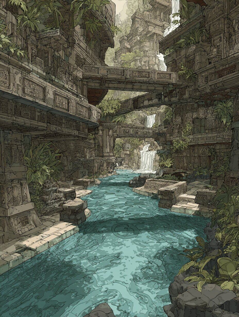 A turquoise river runs between mossy carved stone walls and under a stone bridge, a waterfall in the distance.
