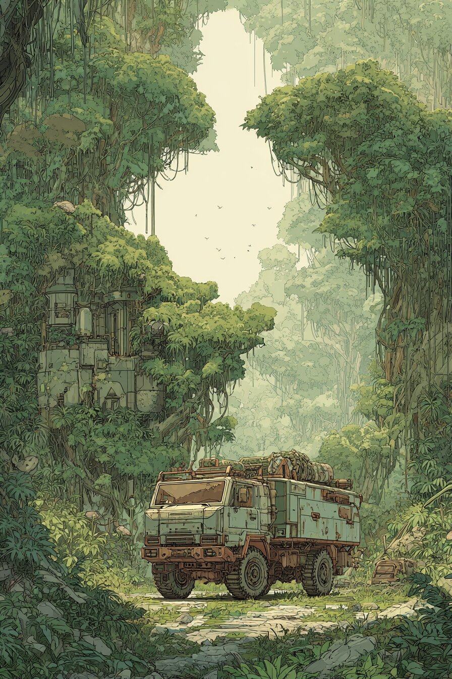 A rusty truck stands still in a quiet jungle clearing between tall vine covered trees and mossy stone walls.