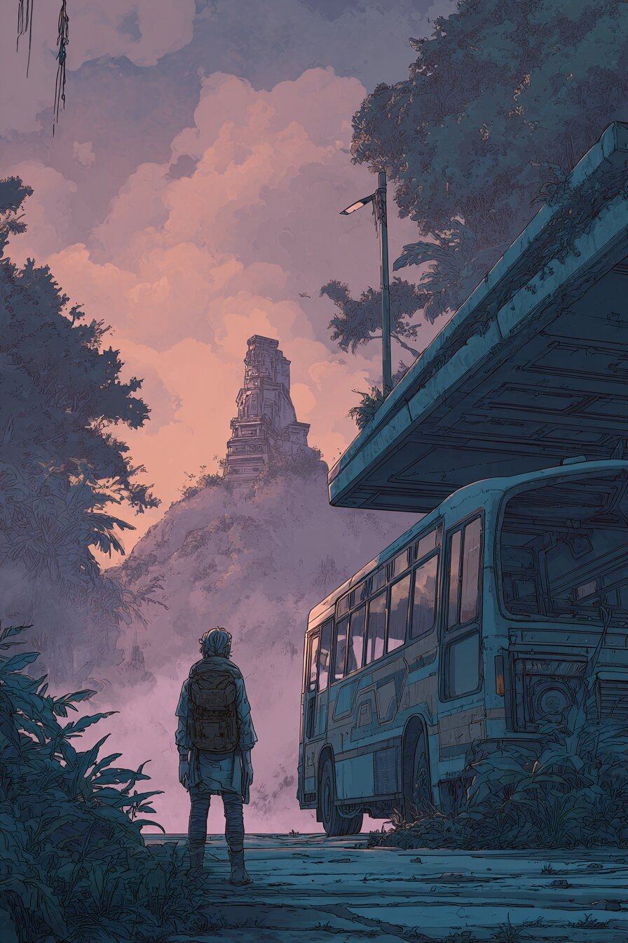A traveler with a backpack stands beside a parked bus under a pink dawn sky, a stone pyramid rising from the jungle mist ahead.
