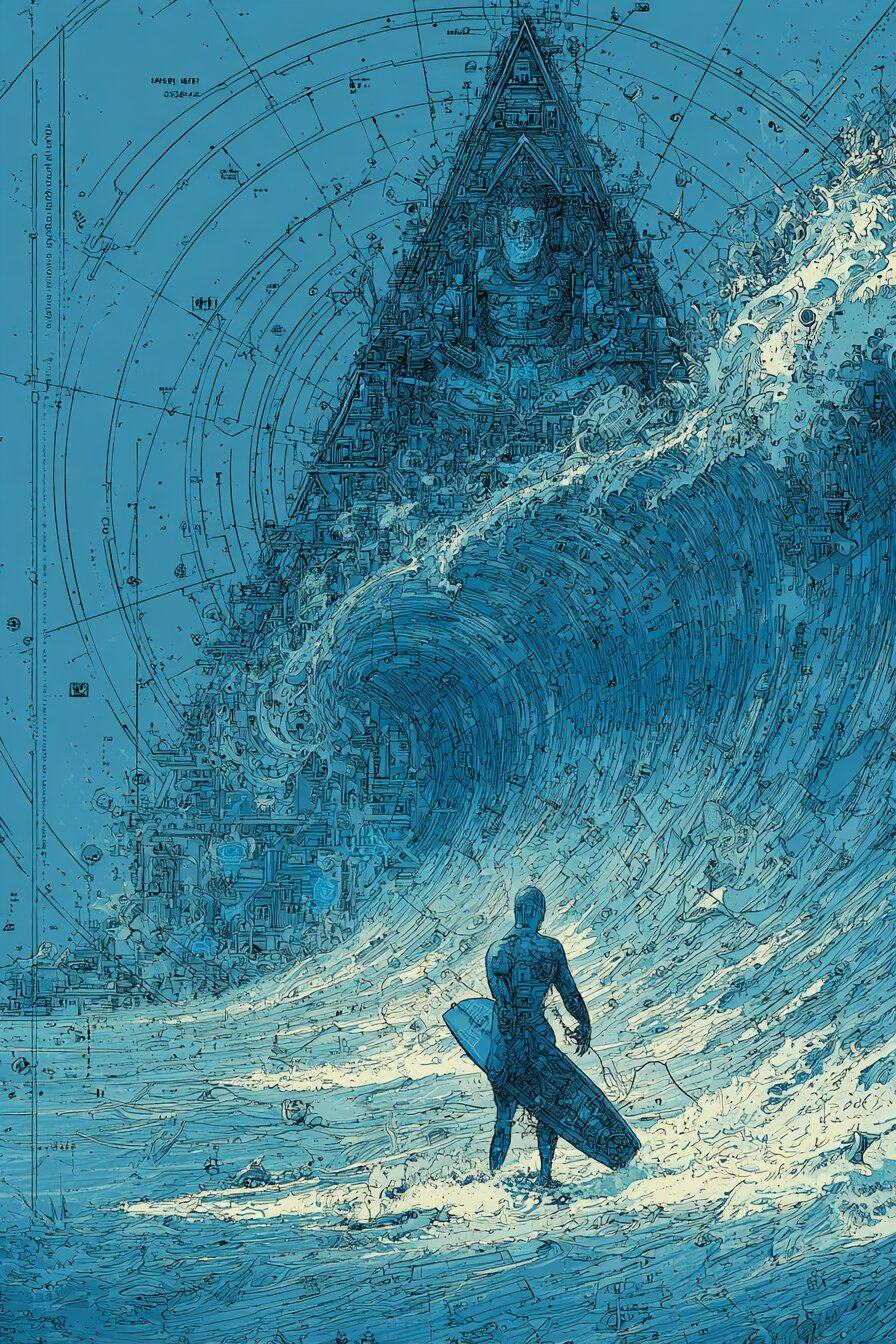 A lone surfer with a board stands before a towering wave that rises into the shape of a pyramid.