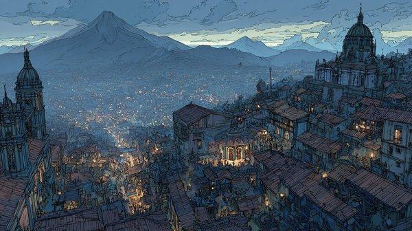 A hill town at dusk, seen over its rooftops, with lit streets, church domes and a dark mountain rising behind.