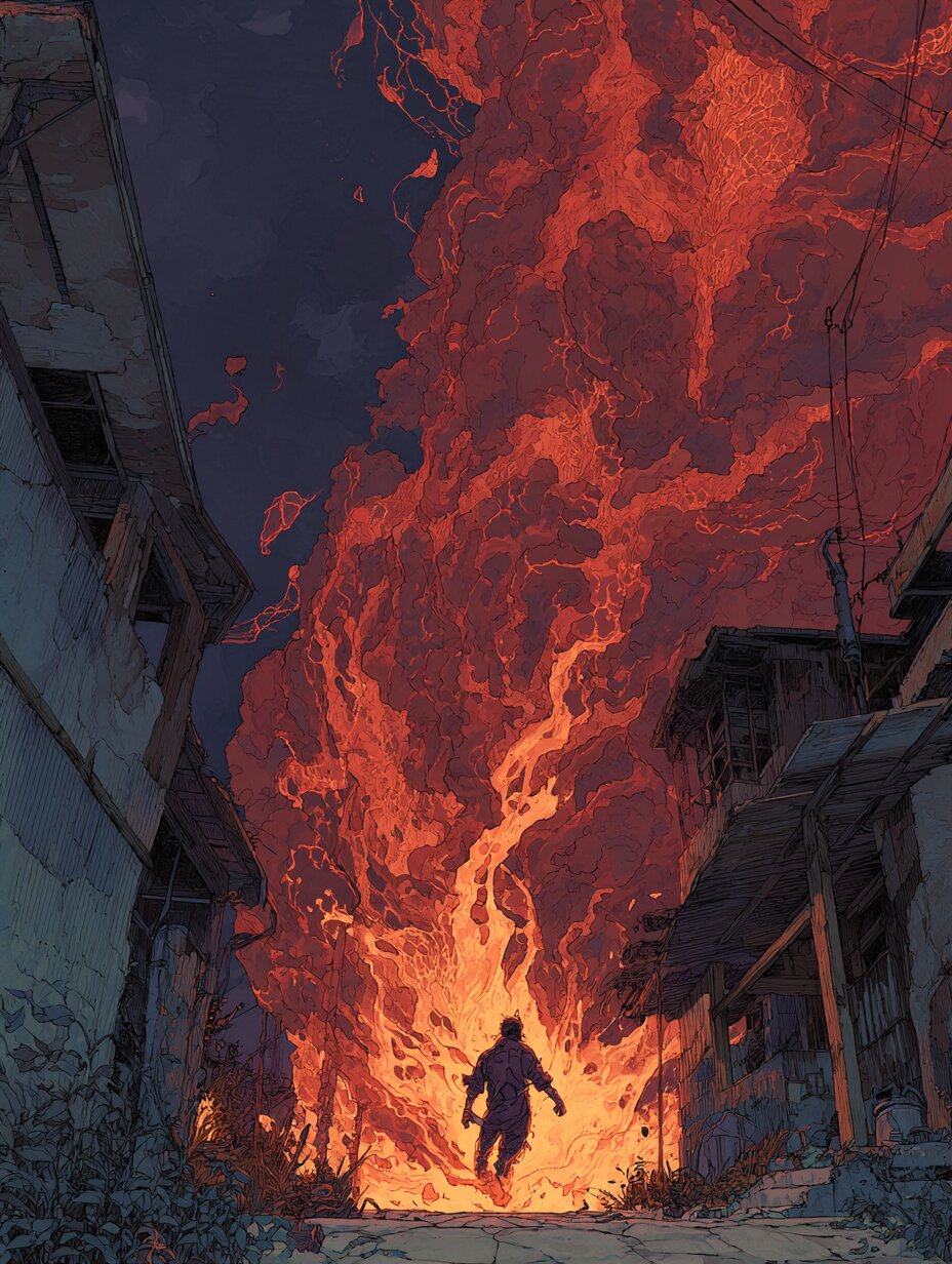 A small figure runs down a narrow lane beneath a towering column of red flame.