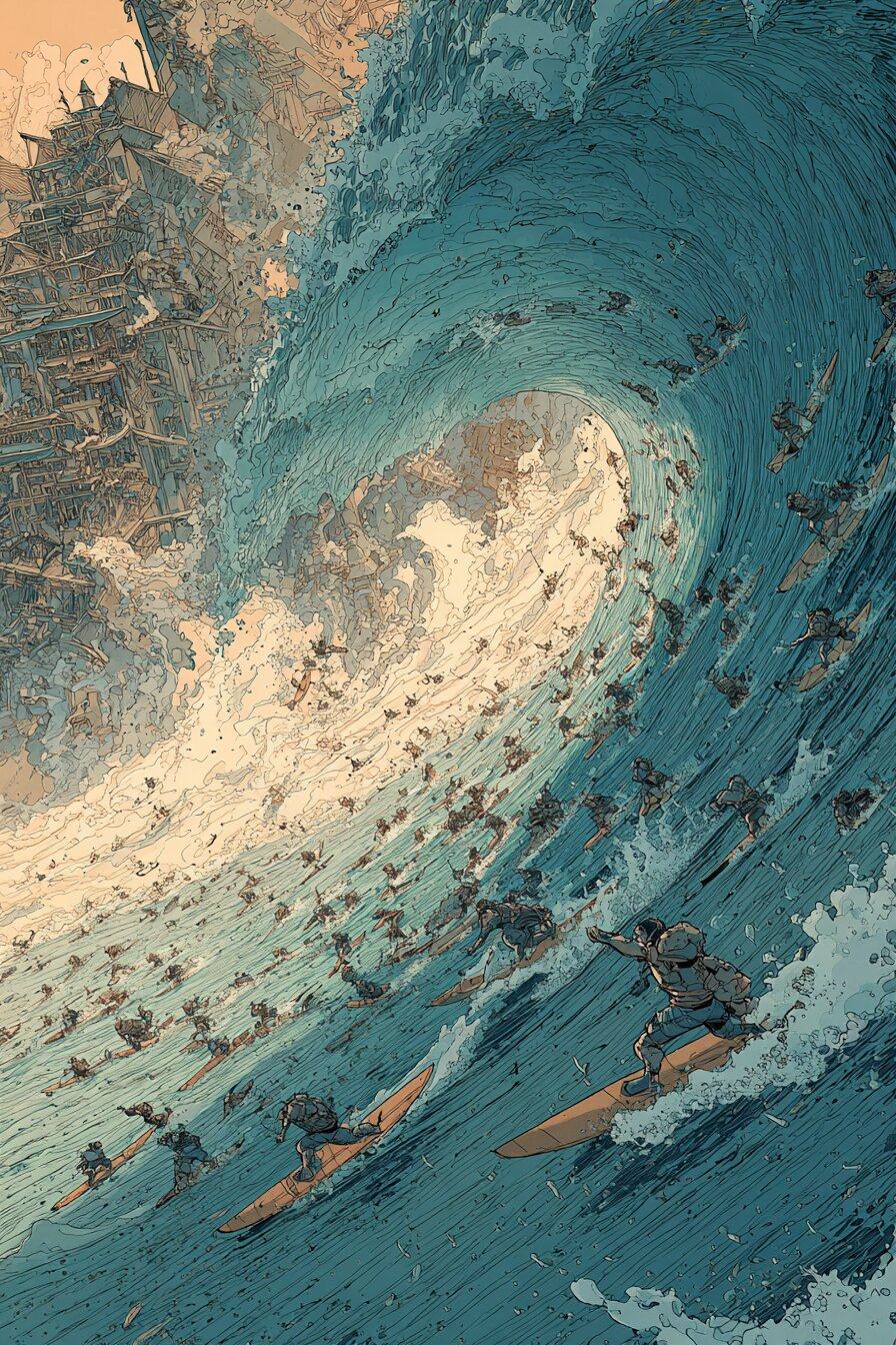 Dozens of tiny surfers ride the face of one enormous curling wave.