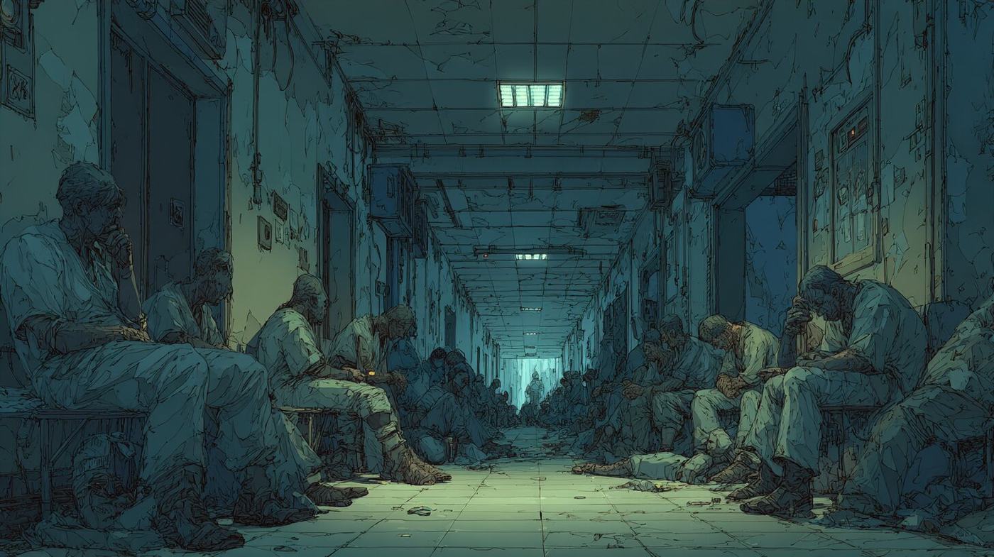 People sit slumped along both walls of a dim hospital corridor at night.