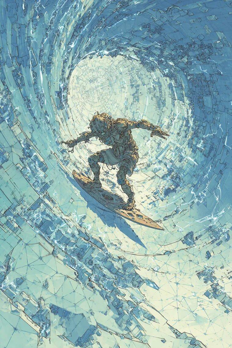 A surfer crouches on a board inside the curl of a wave drawn in facets like cut glass.
