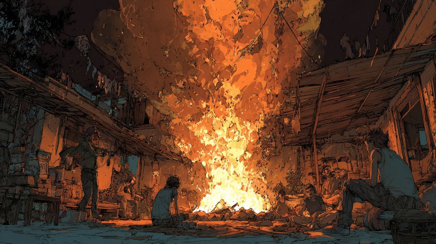 A tall burst of flame erupts in a dark backyard while figures seated around it watch.
