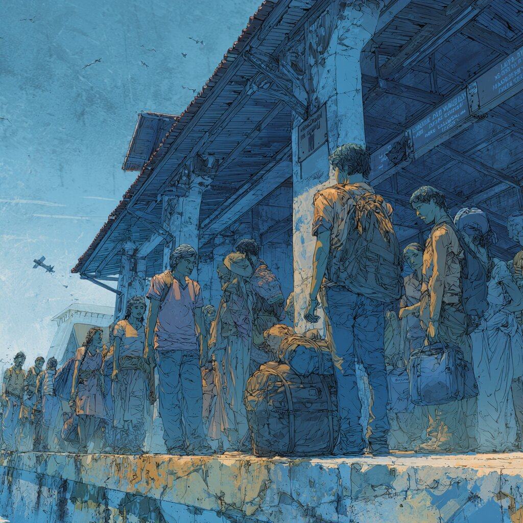 Backpackers wait in a line with their bags under the roof of a border post, a small plane crossing the blue sky.