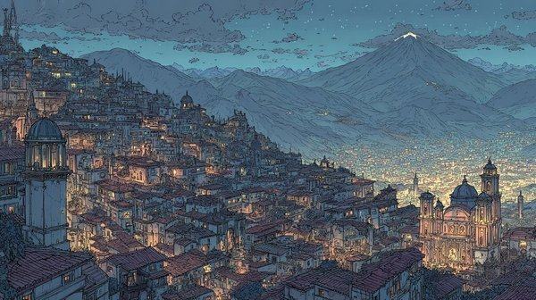 Houses with lit windows climb a hillside above a domed church at nightfall, with a cloud wrapped mountain and the lights of a valley beyond.