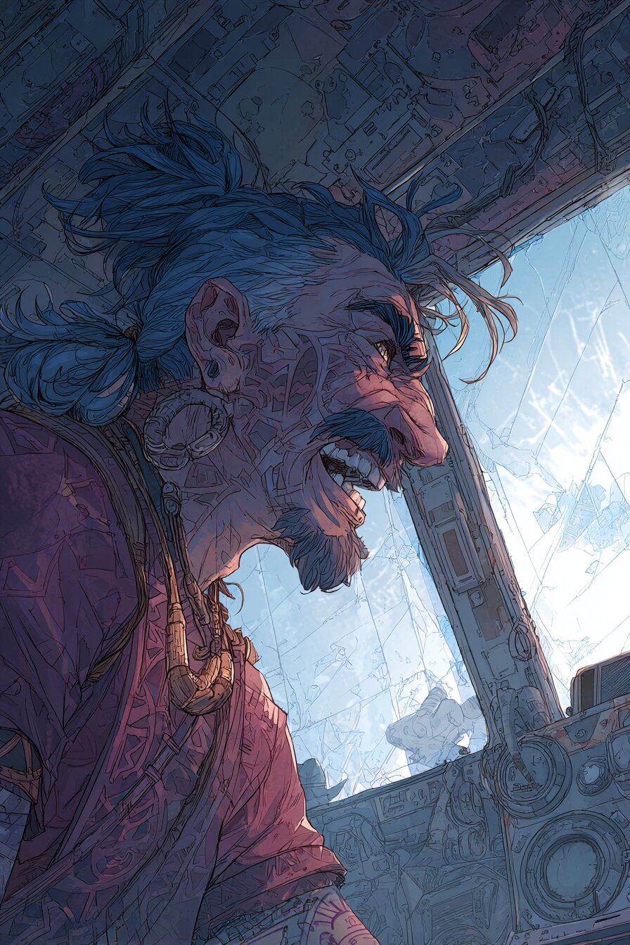 A close view of a man with wild blue hair, a moustache and an earring, laughing with his head thrown forward beside a bus window.