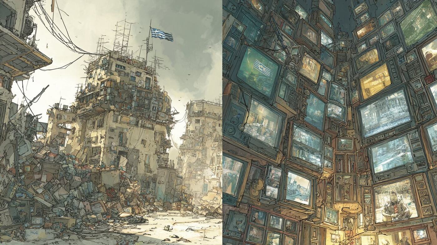 A split picture: on the left a crumbling apartment block flying a small flag above rubble, on the right walls stacked with glowing television screens.