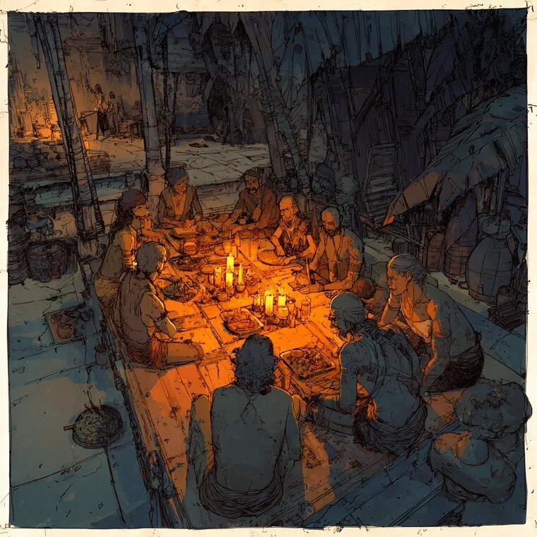 A circle of people sit close around a low table of candles at night, their faces lit orange.
