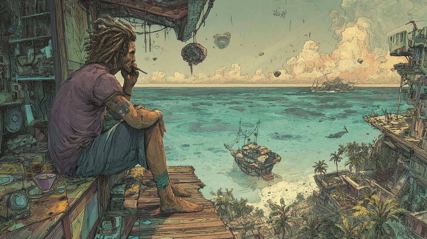 A young man sits on a wooden deck above a turquoise lagoon, chin in his hand, small boats moored below.