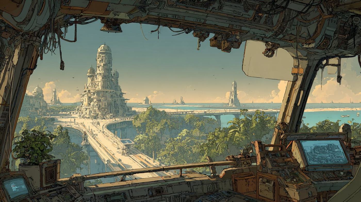 Through the wide front window of a bus, an elevated road runs over green jungle toward pale towers beside the sea.