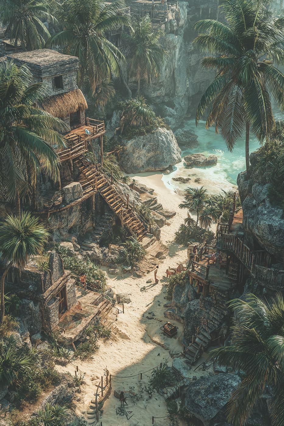 Seen from above, a pale path winds through dense jungle, broken stones and roots on either side.