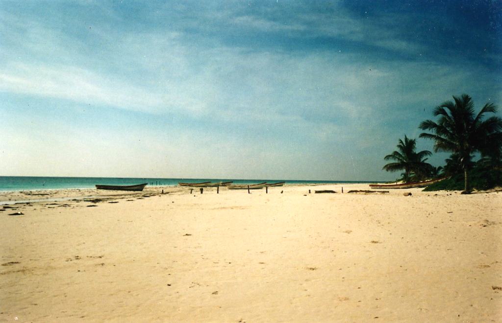 an empty beach of pale sand under a wide blue sky, a few boats at the waterline and palms at the right edge