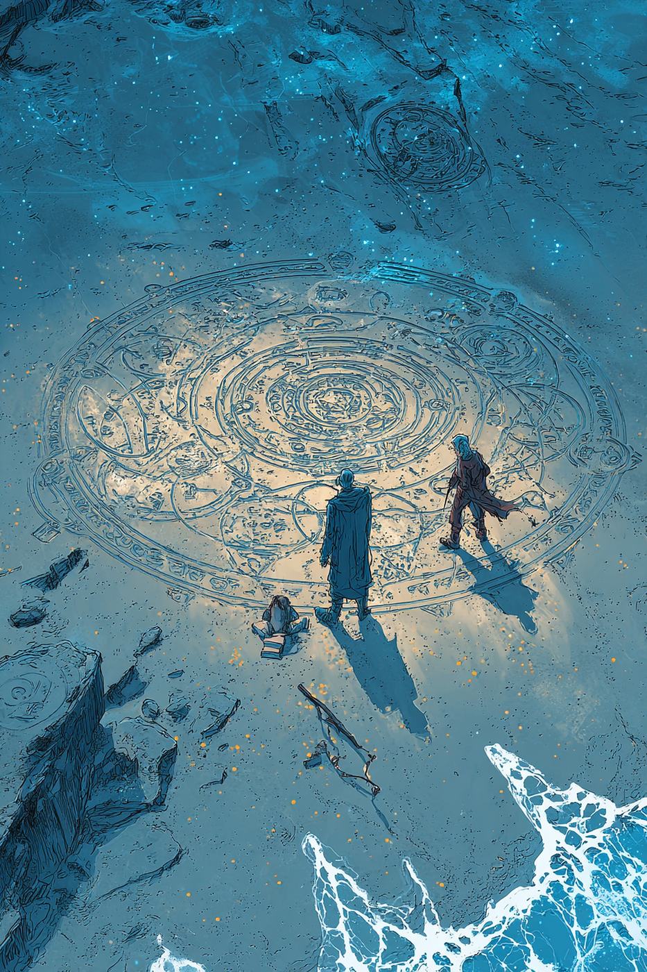 Seen from above, two figures stand on a night beach beside a great spiral drawn in the sand at the water's edge.