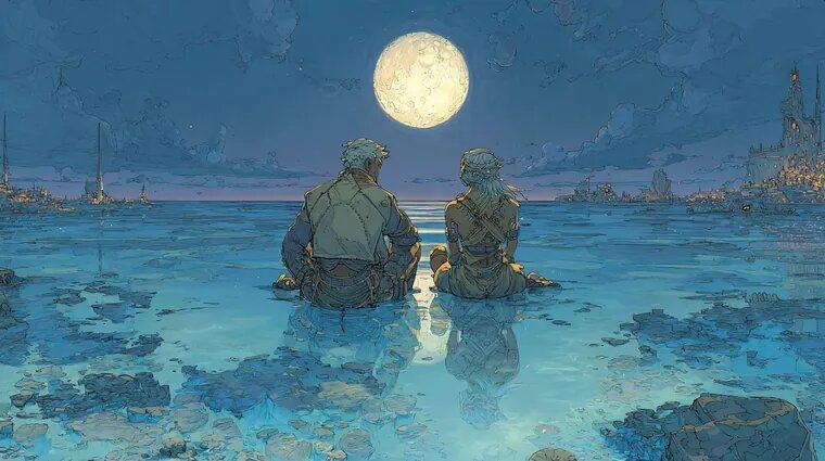 Two people sit side by side in shallow sea water at night, looking at a full moon over the horizon.