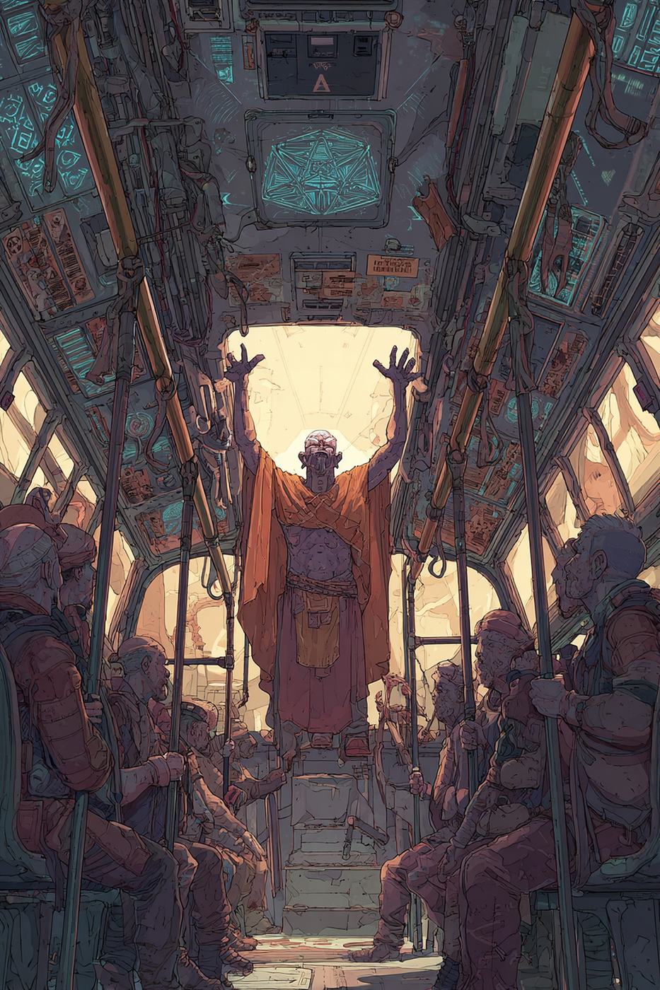 A man in an orange robe stands in the aisle of a crowded bus with both arms raised above his head, bright light behind him.