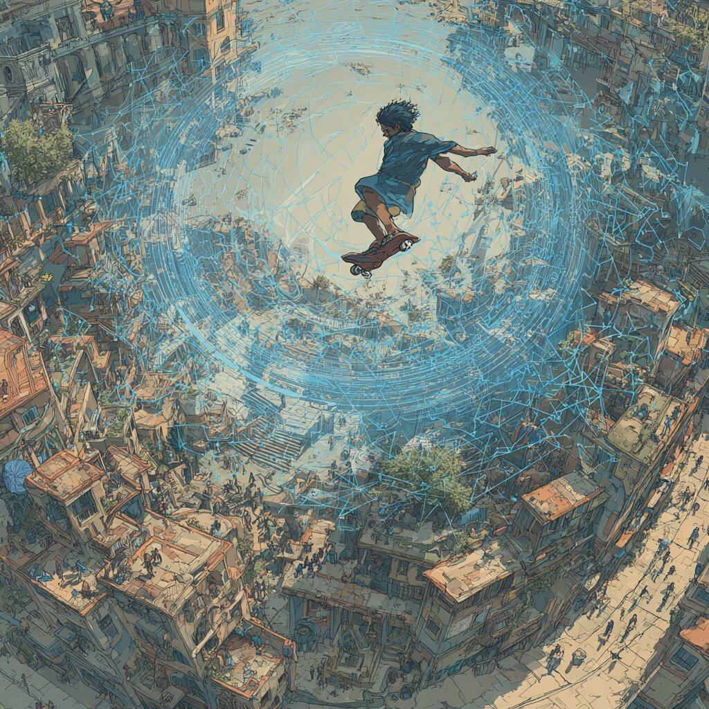 A boy on a skateboard leaps high above a crowded town, a whirl of fine blue threads spiralling around him and down into the streets.