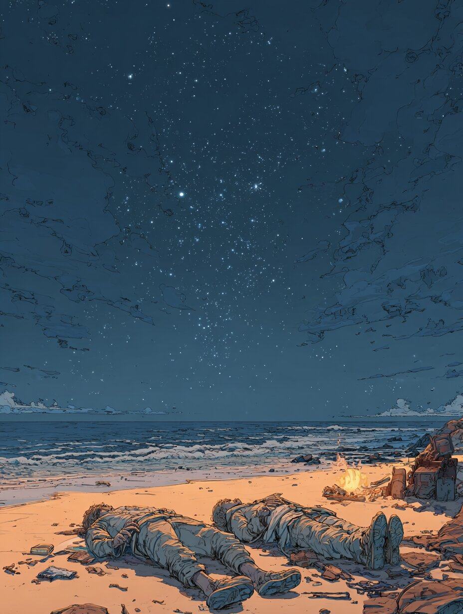 Two figures lie side by side on the sand near a small fire, under a wide night sky full of stars above the sea.