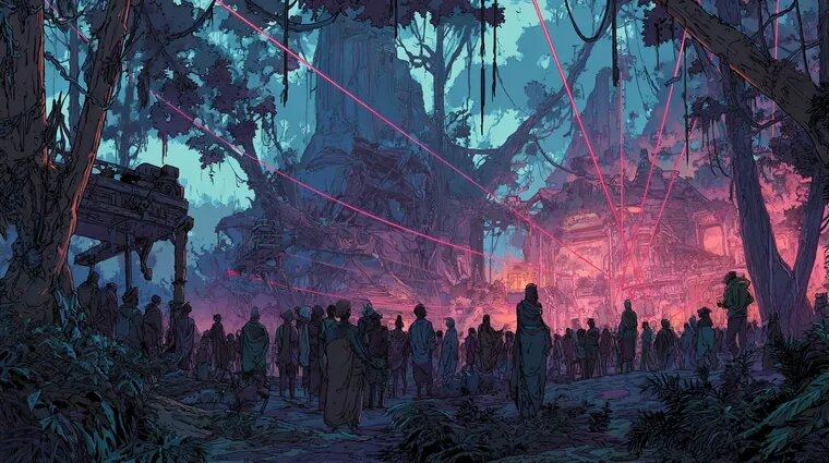 A crowd stands among jungle trees at night before a stage washed in pink and blue light, laser lines crossing the canopy.