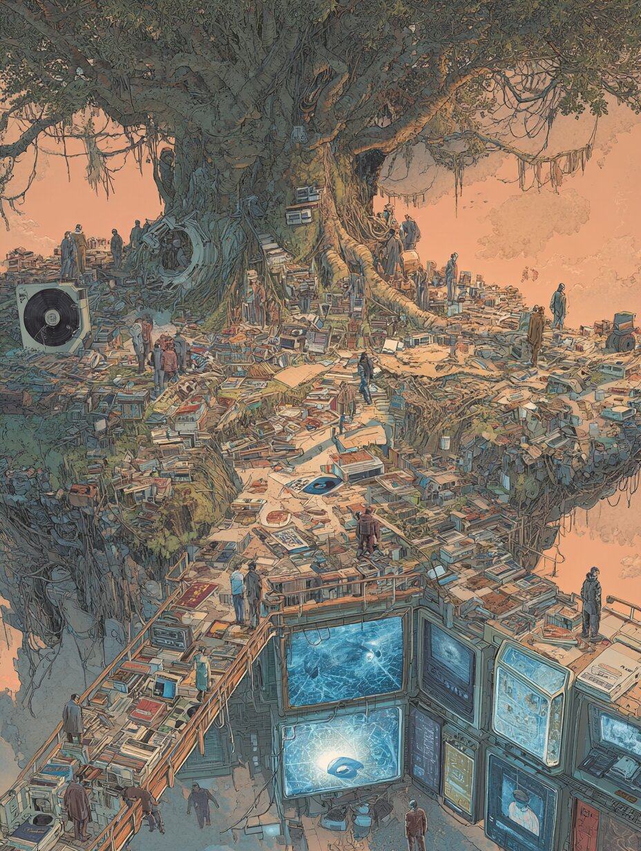 A vast old tree stands on a hill of records, tapes, books and cameras where small figures wander; below it the roots give way to a wall of glowing screens.