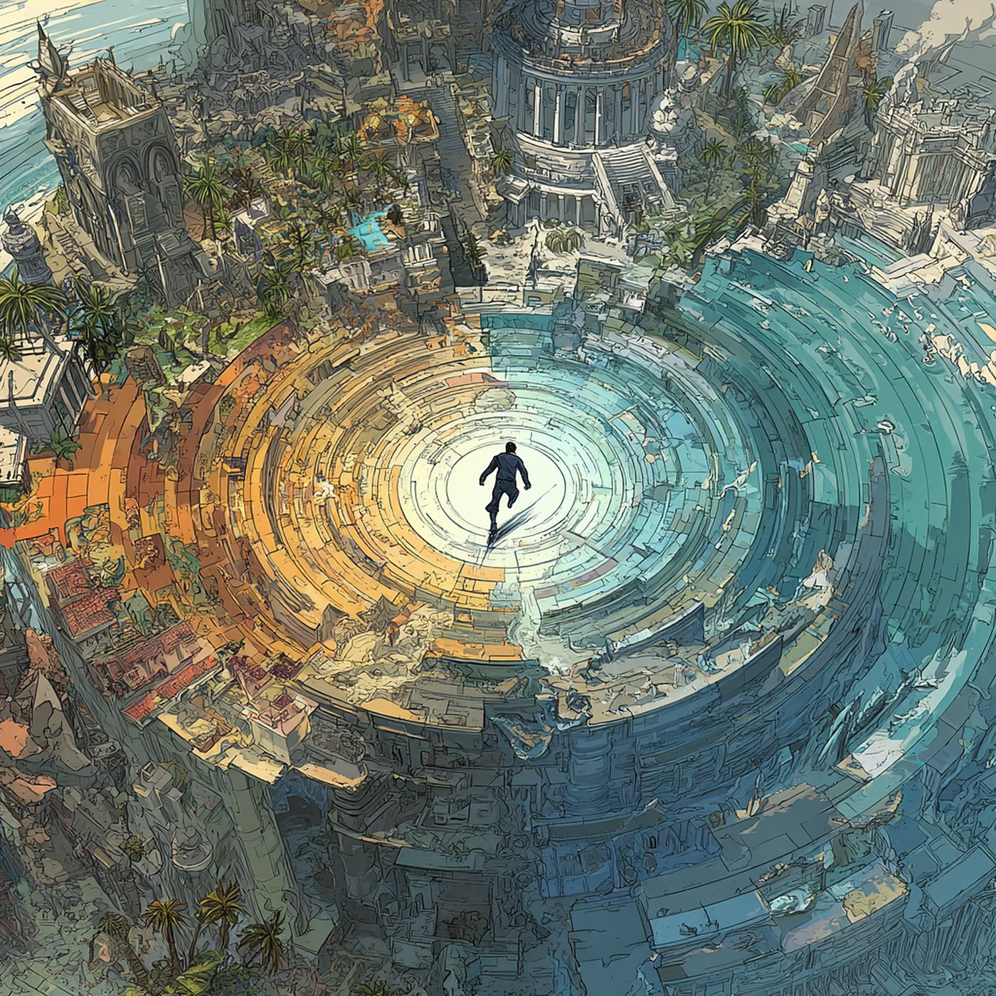 From above, a tiny dark figure runs at the bright centre of a vast spiral built of city blocks, domes, palms and sea.