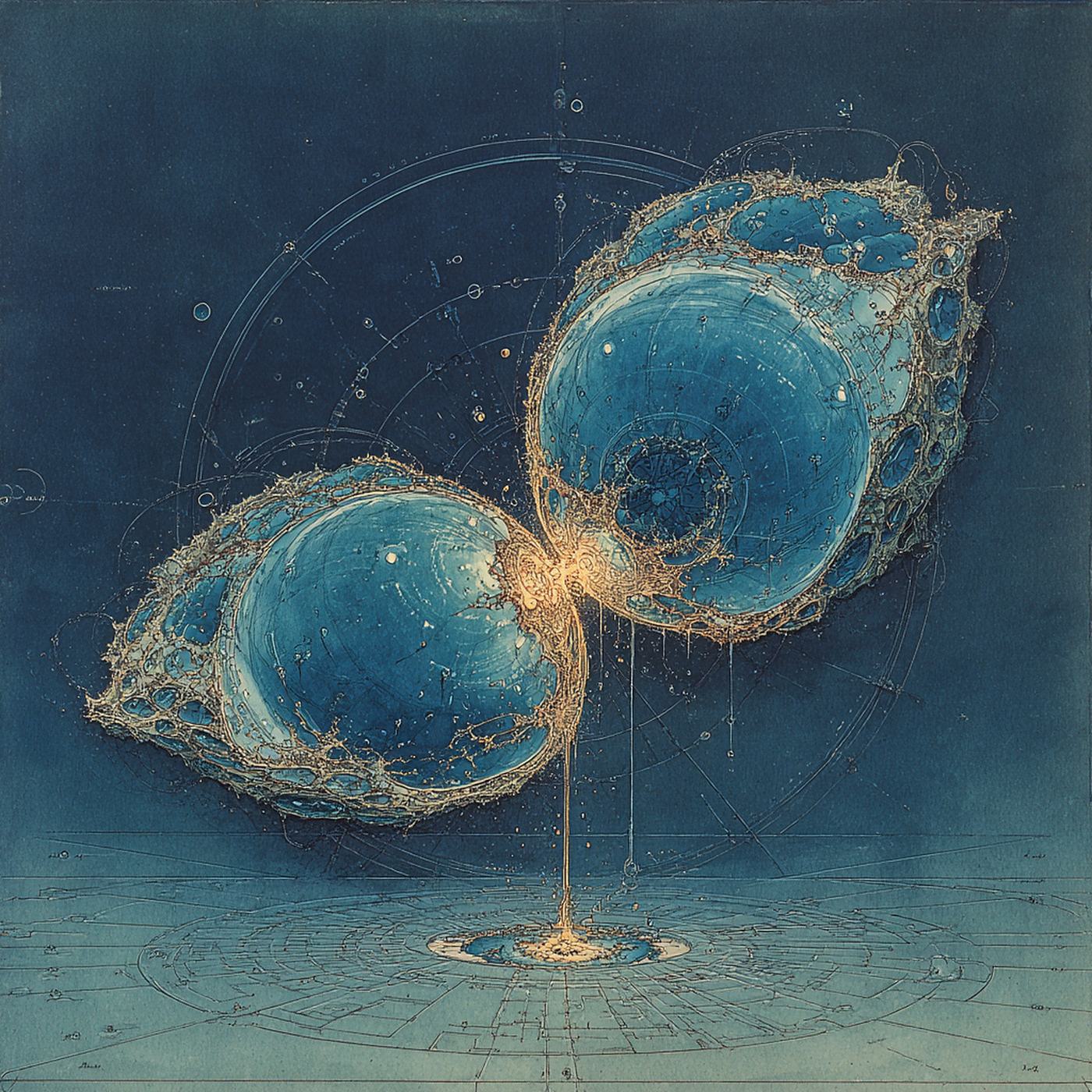 Two glowing droplets of water meet point to point like an hourglass, each holding a small galaxy.