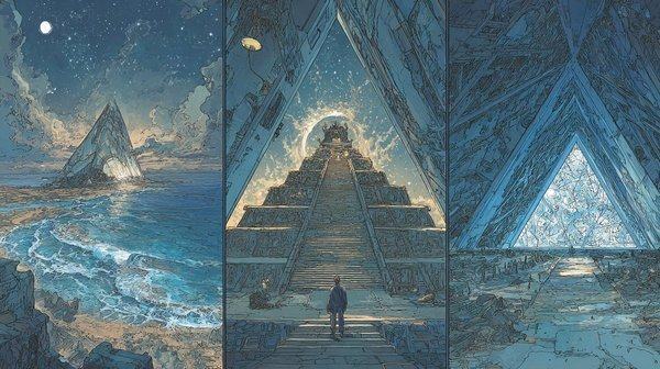 Three panels: a pyramid on a sea cliff by moonlight, a figure climbing its steps, and a lit triangle of stone at night.