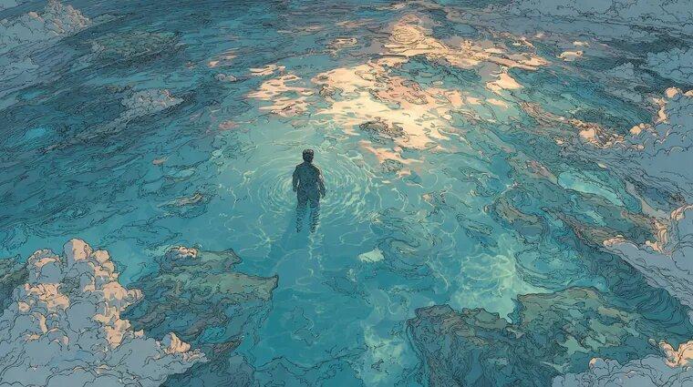 Seen from above, a lone figure stands chest deep in clear turquoise water, sunlight rippling over the reef around him.