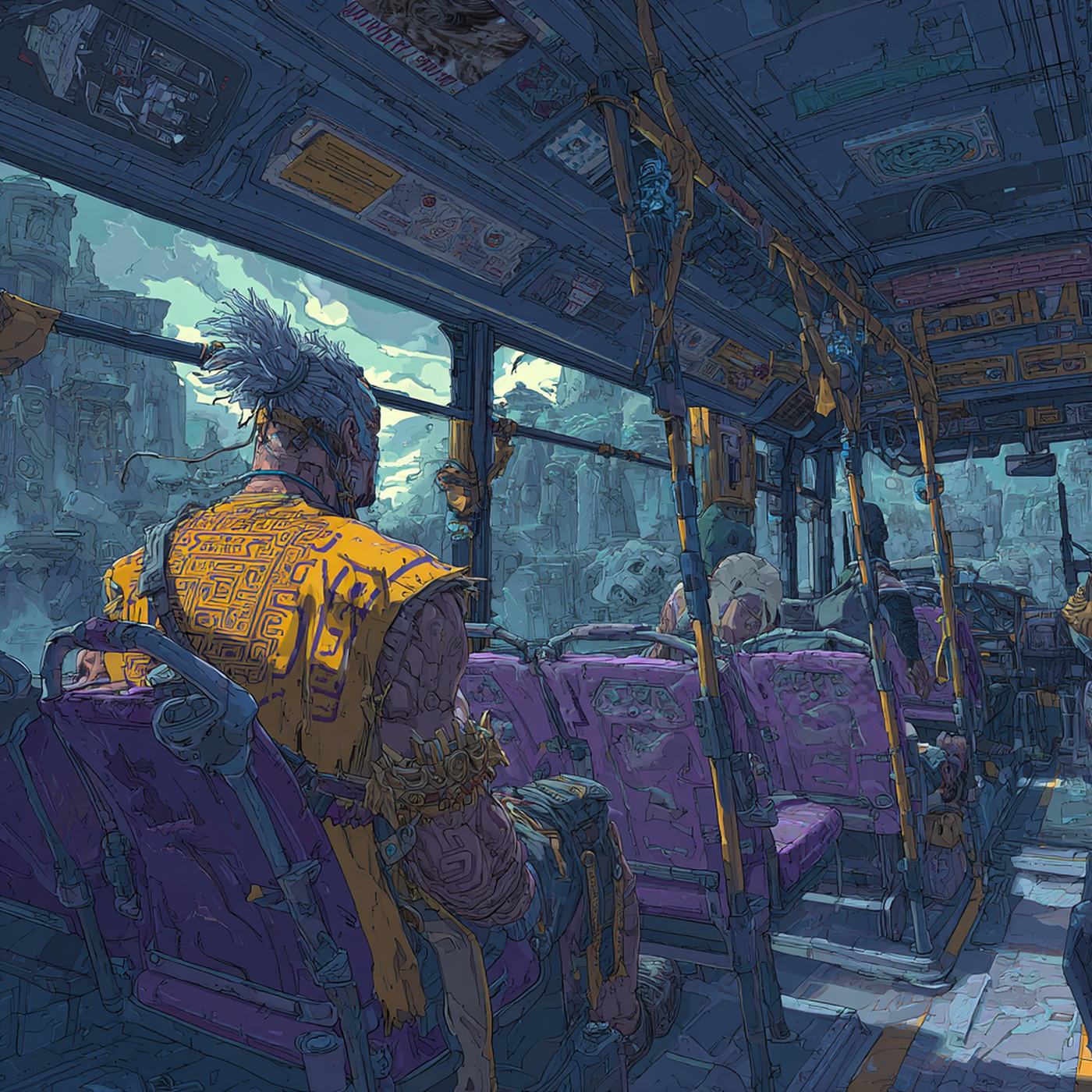 A man in a bright yellow shirt sits turned in his seat on a nearly empty night bus, purple seats around him.