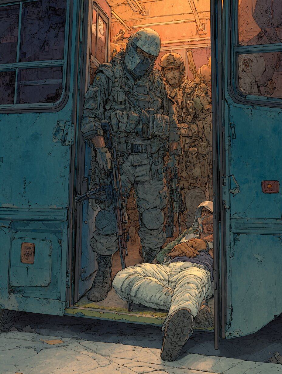 A soldier in a helmet and face mask steps into the open door of a bus, rifle lowered, where a man lies stretched out asleep across the floor.