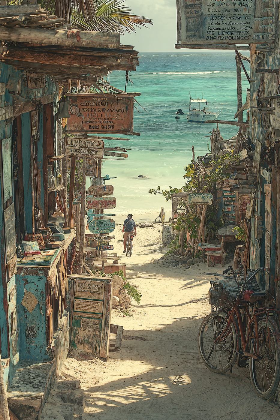 A sandy lane of small painted shops and palms opens onto a bright turquoise sea.
