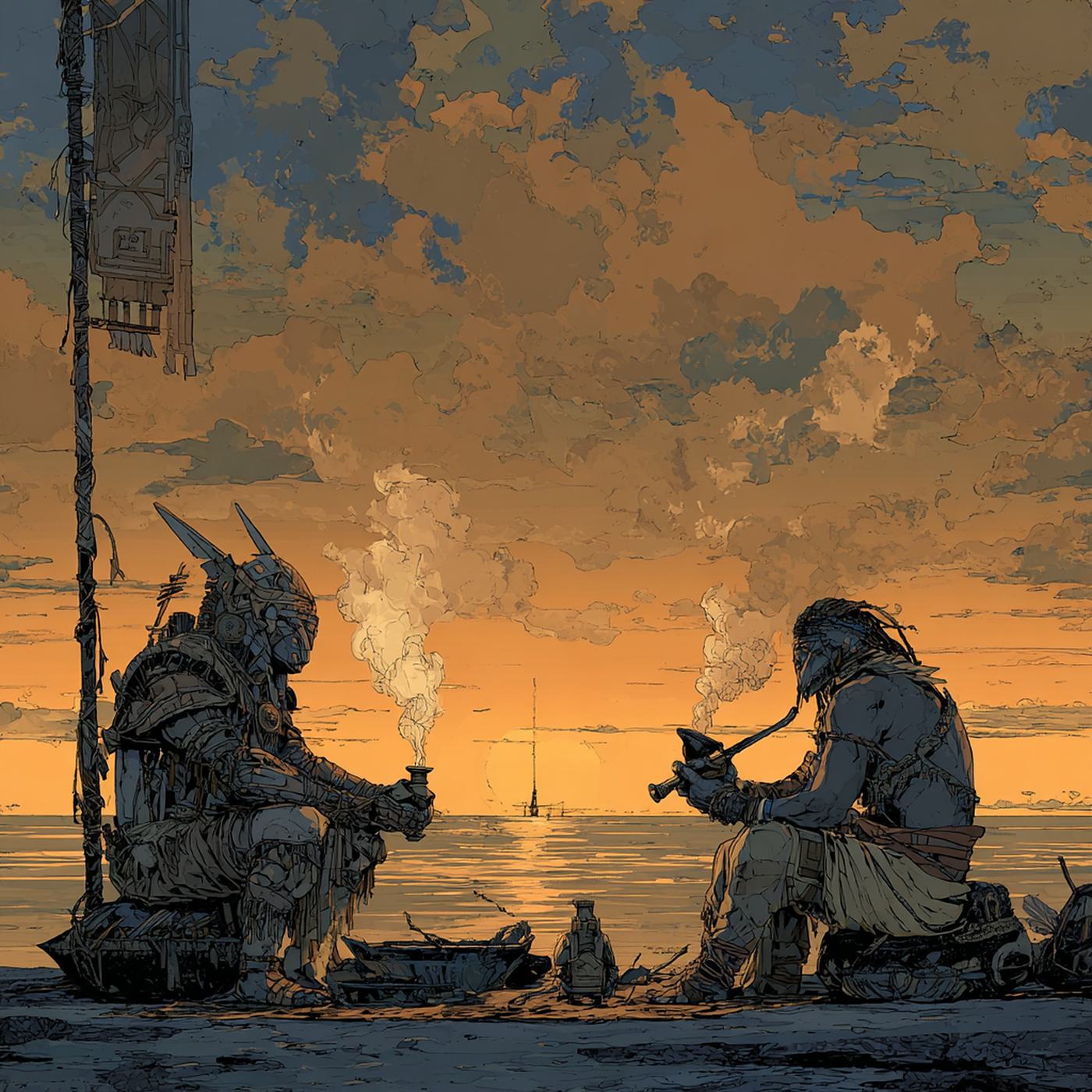 Two travellers sit facing each other on the sand at sunset, one raising a chillum, smoke rising between them.