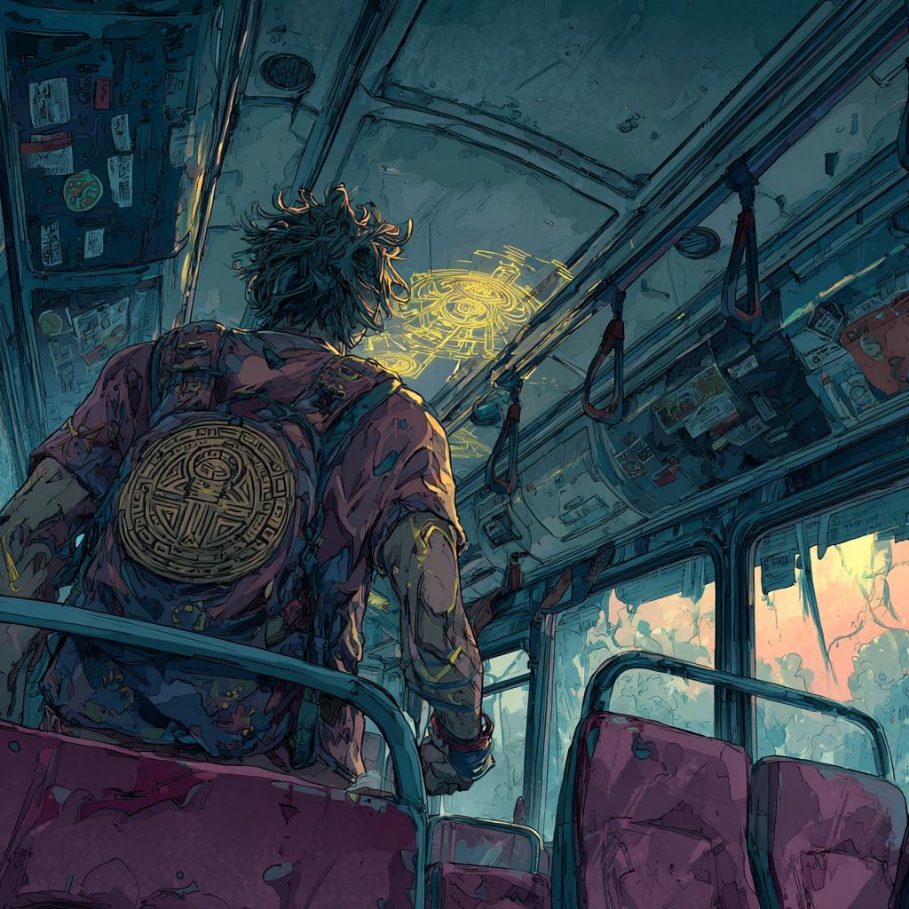 A young man with messy hair stands in the aisle of an empty bus, seen from behind, a round golden emblem on his back and pink dawn light in the windows.