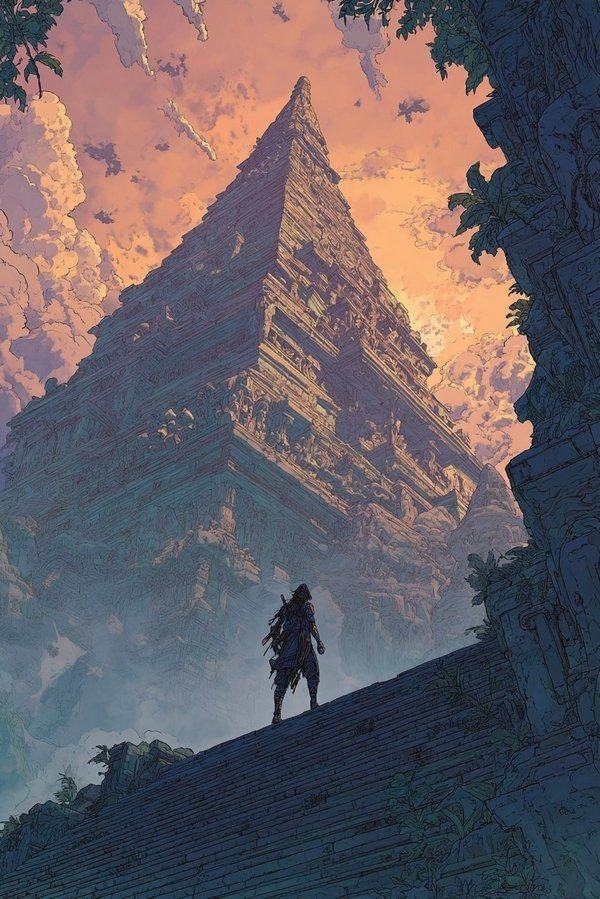 A lone figure stands on the rocks before a steep pyramid against a pink dusk sky.