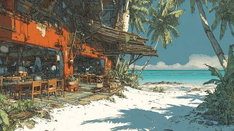 An orange building with a thatched palm roof and open tables stands on white sand beside a turquoise sea.