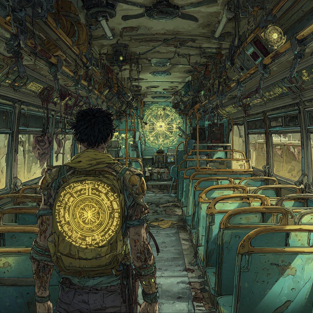 Seen from behind, a young man with a glowing round emblem on his backpack walks down the aisle of an almost empty bus toward a circle of green light.
