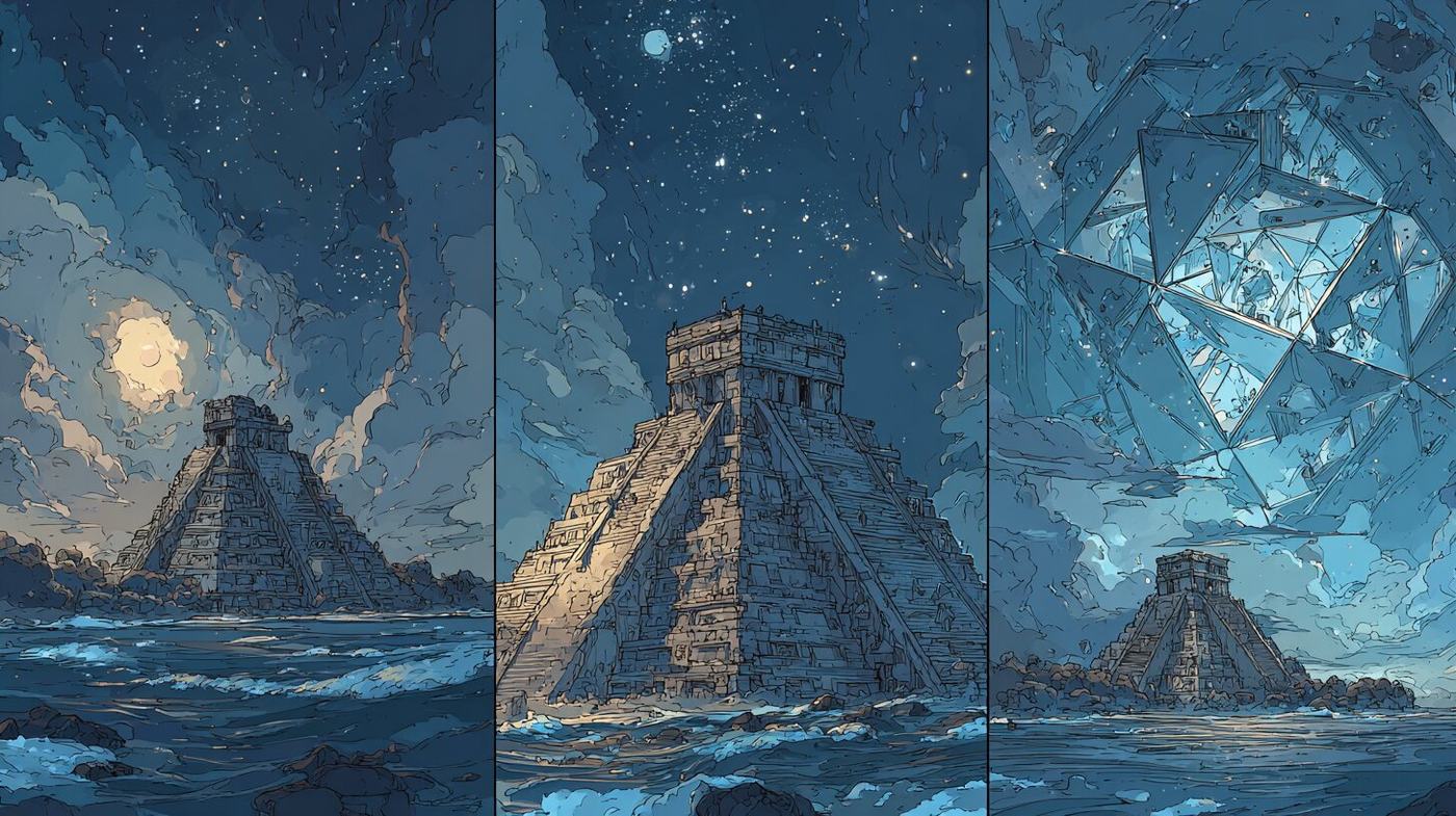 Three panels of a stepped pyramid above a dark sea at night: under a hazy moon, under a sky of stars, and beneath great facets of crystal light.