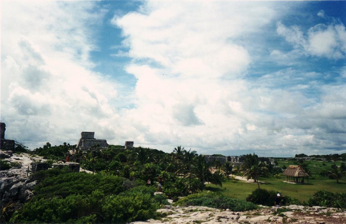 stone ruins on a rise above palms, big clouds overhead