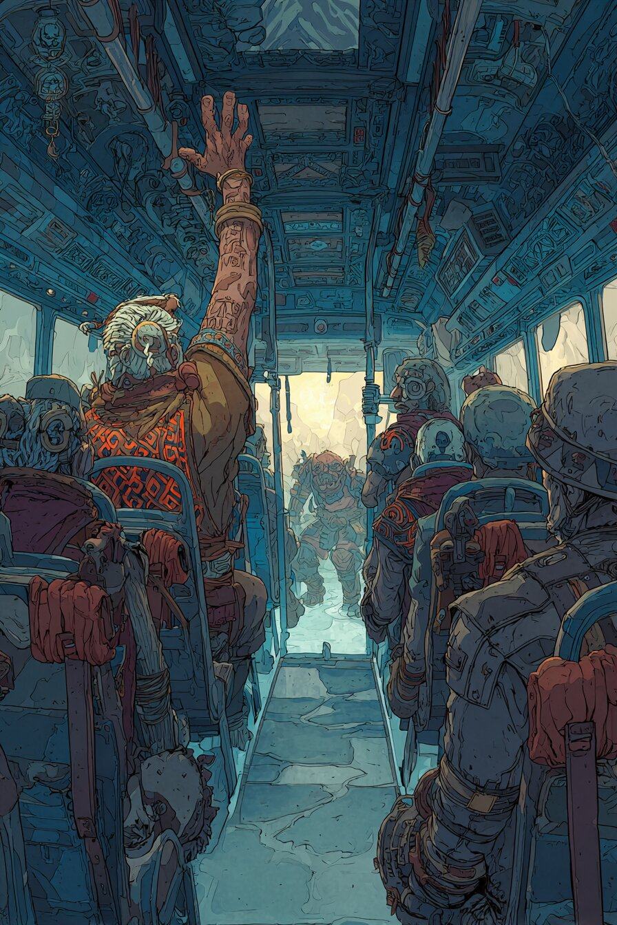 Seen from behind, a man in a patterned vest stands in the aisle of a bus with one arm raised high, helmeted soldiers seated on both sides.