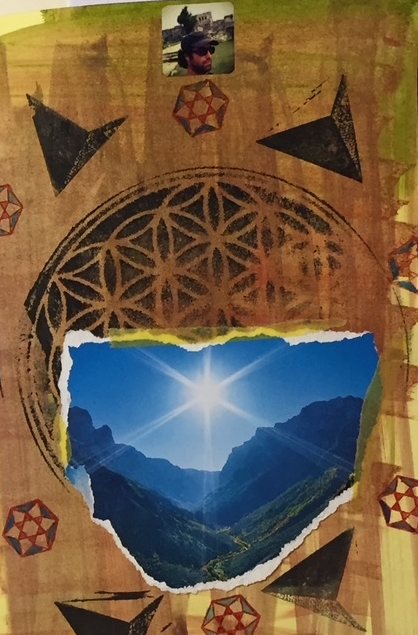 A torn photograph of the sun over a blue mountain valley, pasted on a brown page stamped with a flower of life circle and dark triangles. From the Bits to Atoms journal.