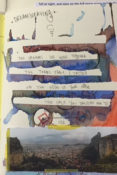 Torn strips of handwriting over blue and orange watercolour, headed Dreamweaving, above a photograph of a town seen from a cliff. From the Bits to Atoms journal.